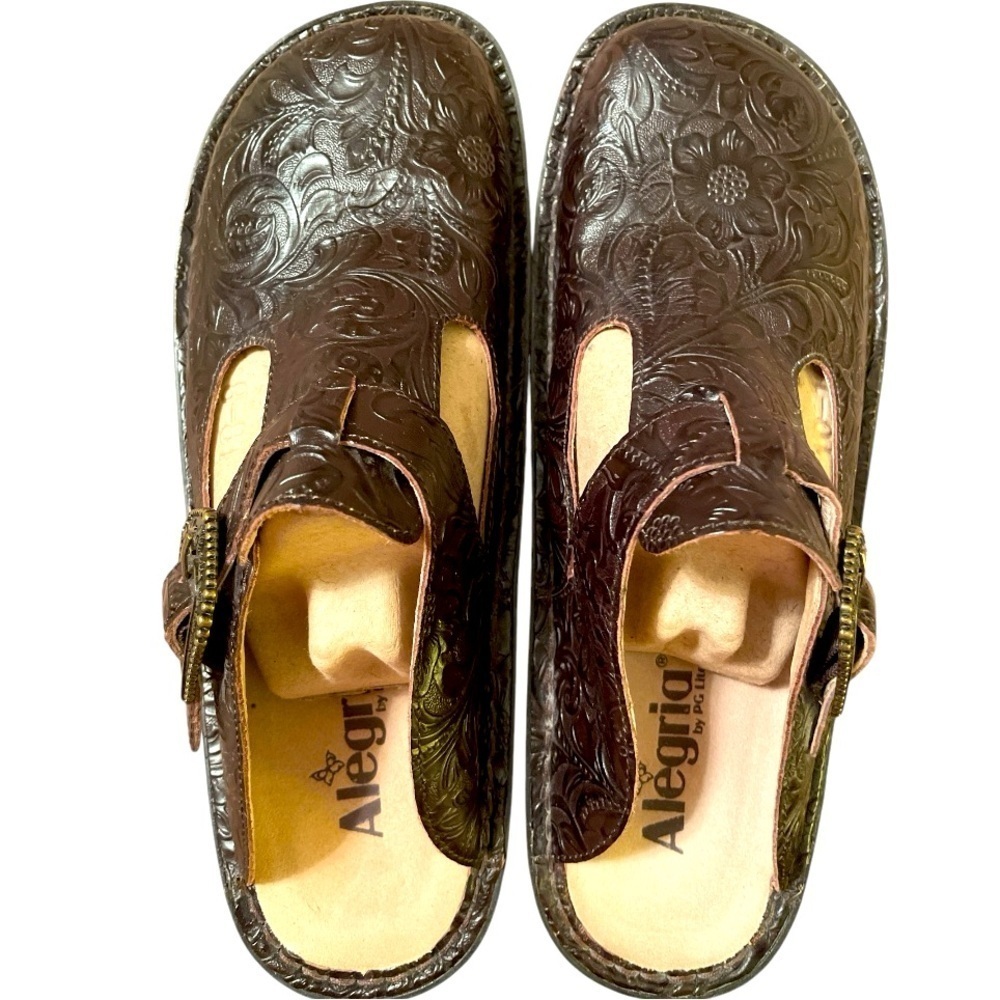 Alegria Brown Leather Embossed Mules Size 40
